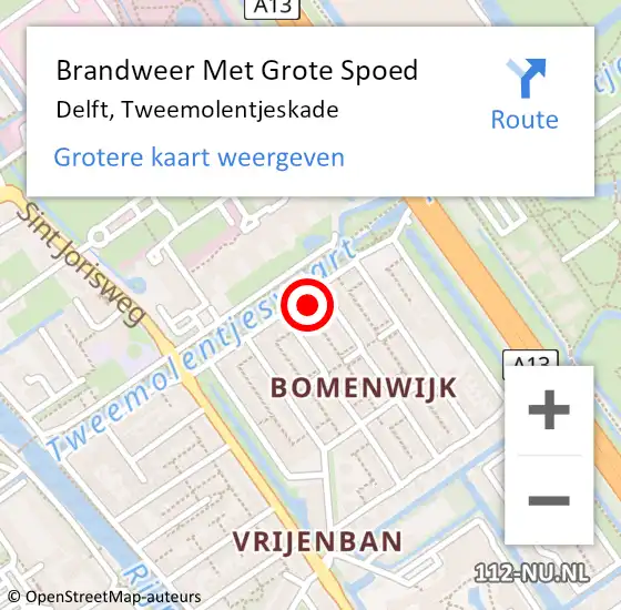 Locatie op kaart van de 112 melding: Brandweer Met Grote Spoed Naar Delft, Tweemolentjeskade op 10 oktober 2023 21:24
