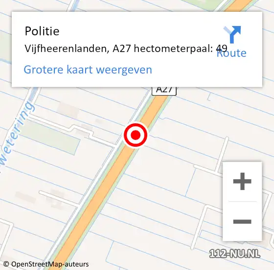 Locatie op kaart van de 112 melding: Politie Vijfheerenlanden, A27 hectometerpaal: 49 op 11 oktober 2023 06:55