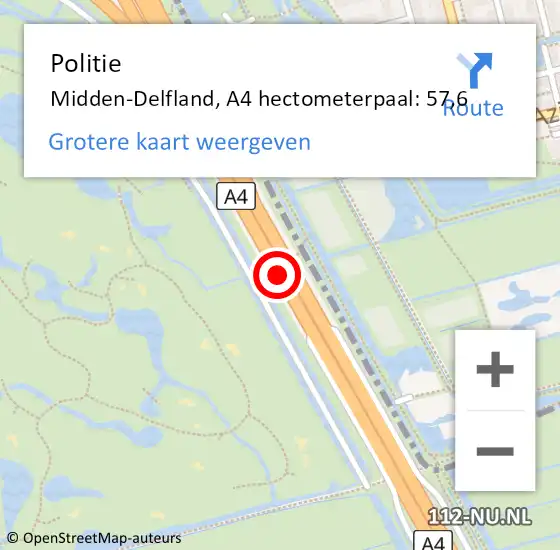 Locatie op kaart van de 112 melding: Politie Midden-Delfland, A4 hectometerpaal: 57,6 op 11 oktober 2023 07:28