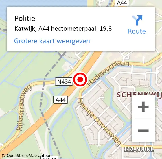 Locatie op kaart van de 112 melding: Politie Katwijk, A44 hectometerpaal: 19,3 op 11 oktober 2023 10:47