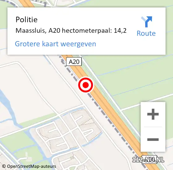 Locatie op kaart van de 112 melding: Politie Maassluis, A20 hectometerpaal: 14,2 op 11 oktober 2023 11:03
