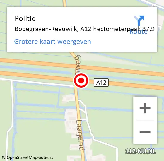 Locatie op kaart van de 112 melding: Politie Bodegraven-Reeuwijk, A12 hectometerpaal: 37,9 op 11 oktober 2023 11:57