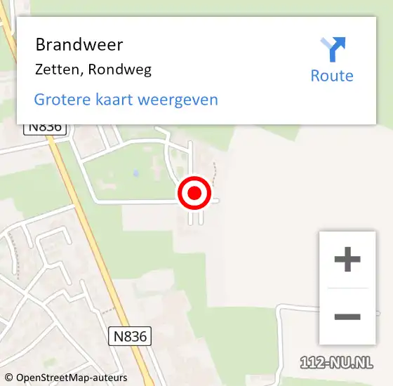 Locatie op kaart van de 112 melding: Brandweer Zetten, Rondweg op 11 oktober 2023 13:50