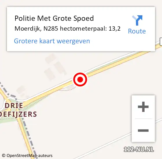 Locatie op kaart van de 112 melding: Politie Met Grote Spoed Naar Moerdijk, N285 hectometerpaal: 13,2 op 11 oktober 2023 14:46