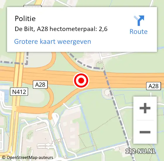 Locatie op kaart van de 112 melding: Politie De Bilt, A28 hectometerpaal: 2,6 op 11 oktober 2023 15:53