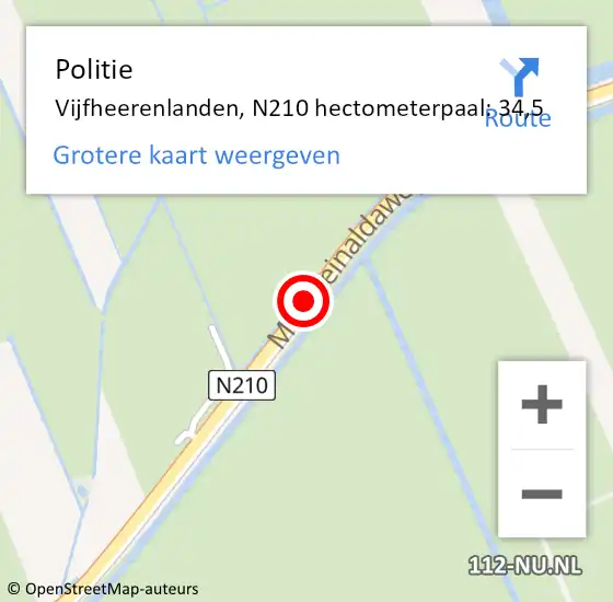 Locatie op kaart van de 112 melding: Politie Vijfheerenlanden, N210 hectometerpaal: 34,5 op 11 oktober 2023 16:29