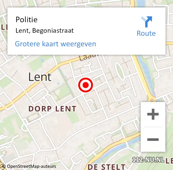 Locatie op kaart van de 112 melding: Politie Lent, Begoniastraat op 11 oktober 2023 17:04