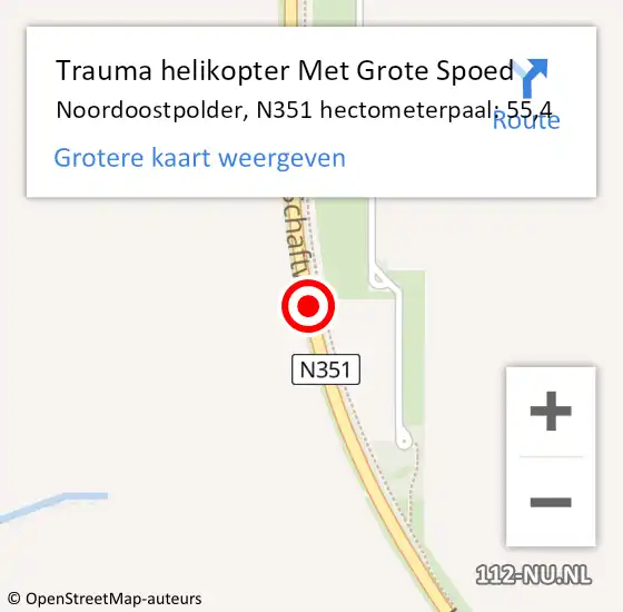 Locatie op kaart van de 112 melding: Trauma helikopter Met Grote Spoed Naar Noordoostpolder, N351 hectometerpaal: 55,4 op 11 oktober 2023 20:15