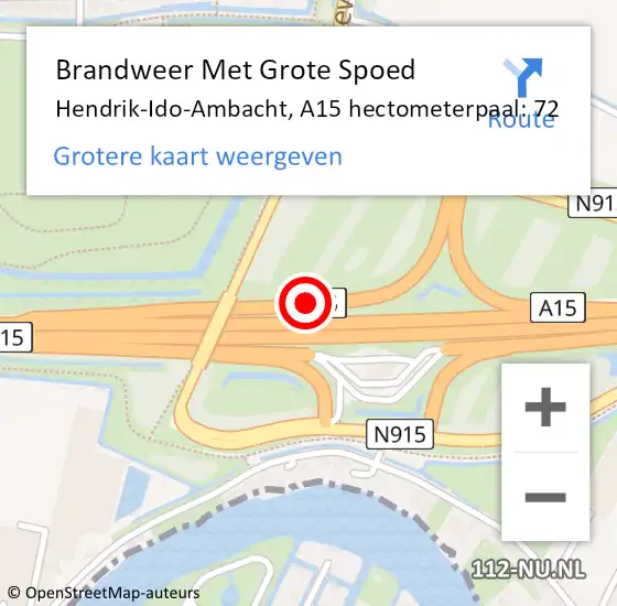 Locatie op kaart van de 112 melding: Brandweer Met Grote Spoed Naar Hendrik-Ido-Ambacht, A15 hectometerpaal: 72 op 11 oktober 2023 21:13