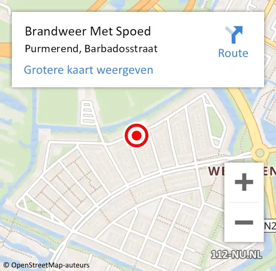 Locatie op kaart van de 112 melding: Brandweer Met Spoed Naar Purmerend, Barbadosstraat op 11 oktober 2023 22:01