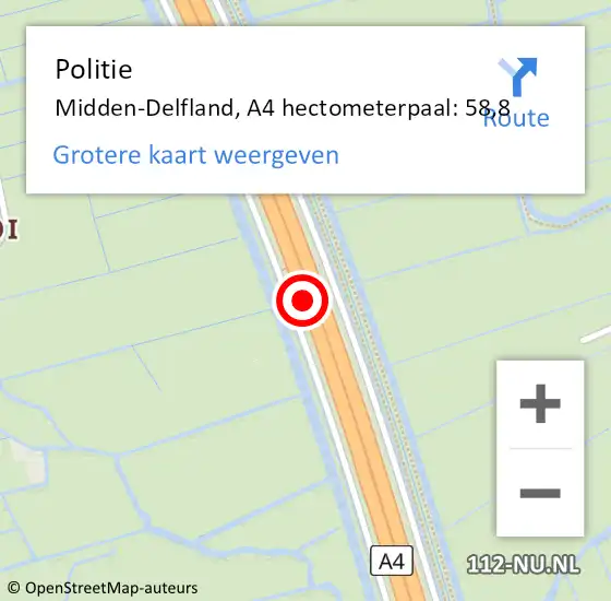 Locatie op kaart van de 112 melding: Politie Midden-Delfland, A4 hectometerpaal: 58,8 op 12 oktober 2023 00:24