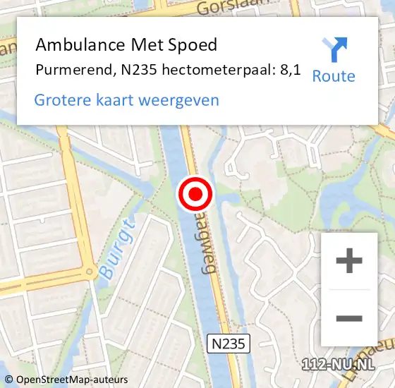 Locatie op kaart van de 112 melding: Ambulance Met Spoed Naar Purmerend, N235 hectometerpaal: 8,1 op 12 oktober 2023 00:37