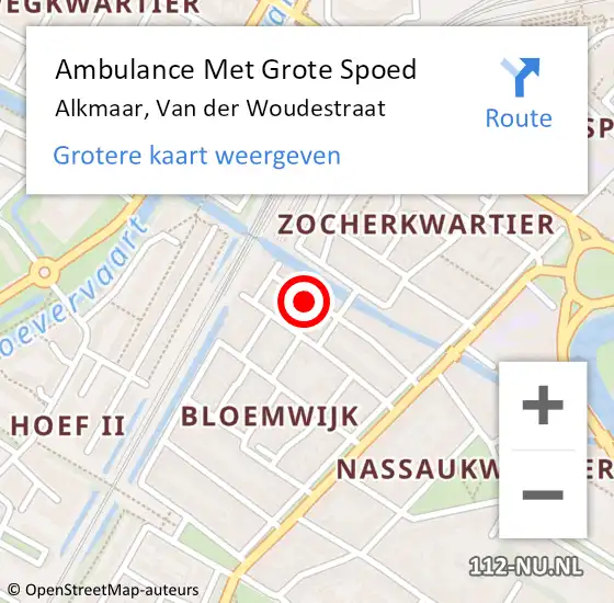 Locatie op kaart van de 112 melding: Ambulance Met Grote Spoed Naar Alkmaar, Van der Woudestraat op 12 oktober 2023 10:35