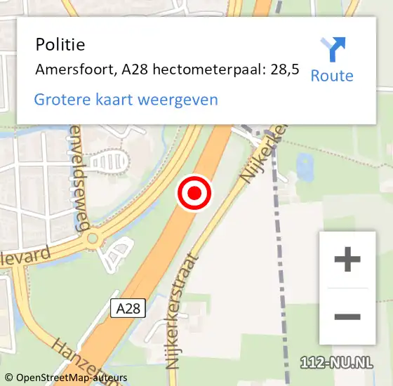 Locatie op kaart van de 112 melding: Politie Amersfoort, A28 hectometerpaal: 28,5 op 12 oktober 2023 10:44
