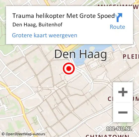 Locatie op kaart van de 112 melding: Trauma helikopter Met Grote Spoed Naar Den Haag, Buitenhof op 12 oktober 2023 12:07