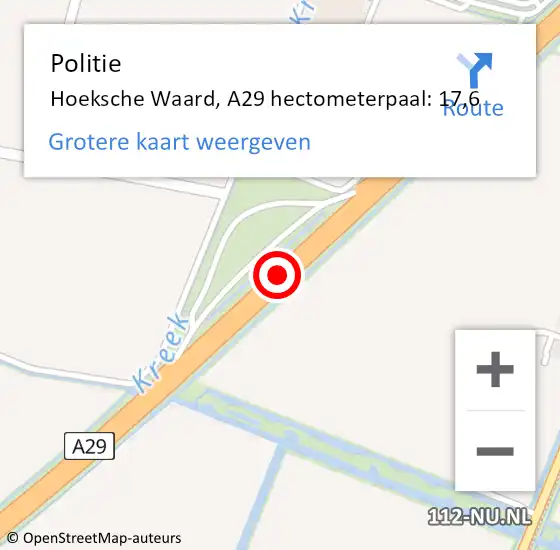 Locatie op kaart van de 112 melding: Politie Hoeksche Waard, A29 hectometerpaal: 17,6 op 12 oktober 2023 14:59