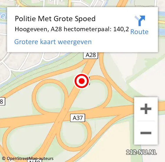 Locatie op kaart van de 112 melding: Politie Met Grote Spoed Naar Hoogeveen, A28 hectometerpaal: 140,2 op 12 oktober 2023 15:00