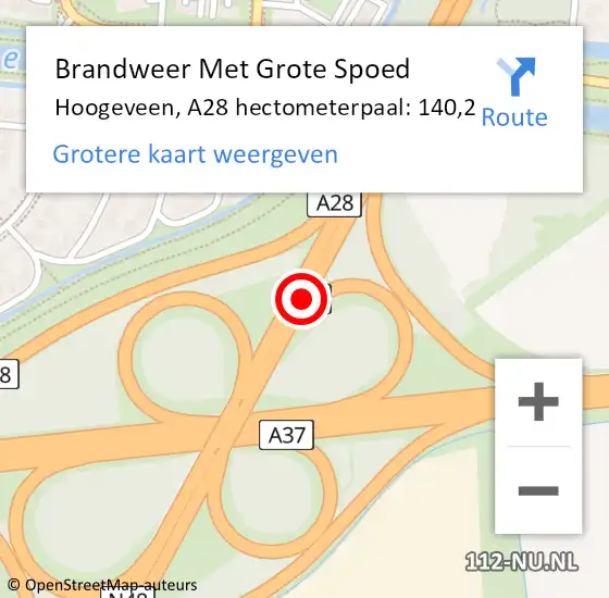 Locatie op kaart van de 112 melding: Brandweer Met Grote Spoed Naar Hoogeveen, A28 hectometerpaal: 140,2 op 12 oktober 2023 15:01