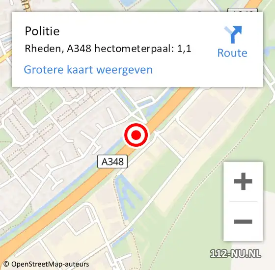 Locatie op kaart van de 112 melding: Politie Rheden, A348 hectometerpaal: 1,1 op 12 oktober 2023 16:06