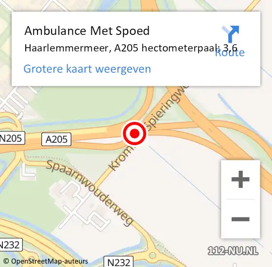 Locatie op kaart van de 112 melding: Ambulance Met Spoed Naar Haarlemmermeer, A205 hectometerpaal: 3,6 op 12 oktober 2023 17:07