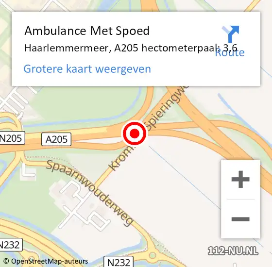 Locatie op kaart van de 112 melding: Ambulance Met Spoed Naar Haarlemmermeer, A205 hectometerpaal: 3,6 op 12 oktober 2023 17:09