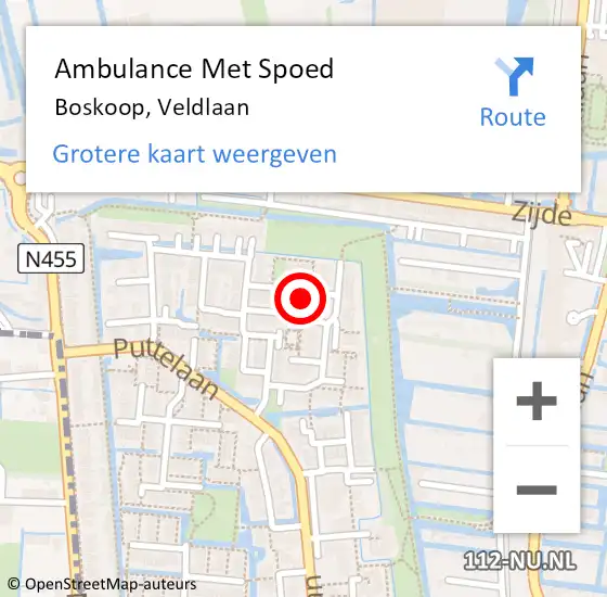 Locatie op kaart van de 112 melding: Ambulance Met Spoed Naar Boskoop, Veldlaan op 12 oktober 2023 17:12