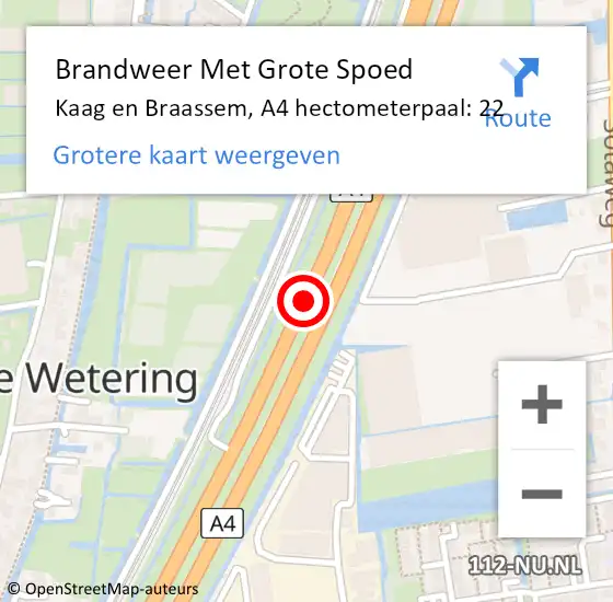 Locatie op kaart van de 112 melding: Brandweer Met Grote Spoed Naar Kaag en Braassem, A4 hectometerpaal: 22 op 12 oktober 2023 18:31