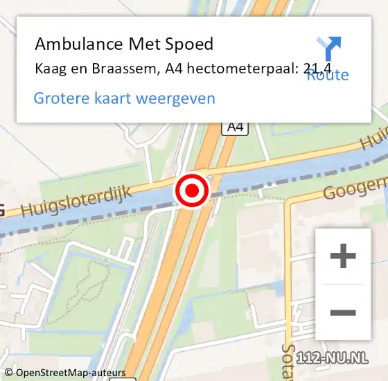 Locatie op kaart van de 112 melding: Ambulance Met Spoed Naar Kaag en Braassem, A4 hectometerpaal: 21,4 op 12 oktober 2023 18:32