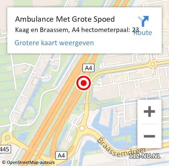 Locatie op kaart van de 112 melding: Ambulance Met Grote Spoed Naar Kaag en Braassem, A4 hectometerpaal: 23 op 12 oktober 2023 18:38