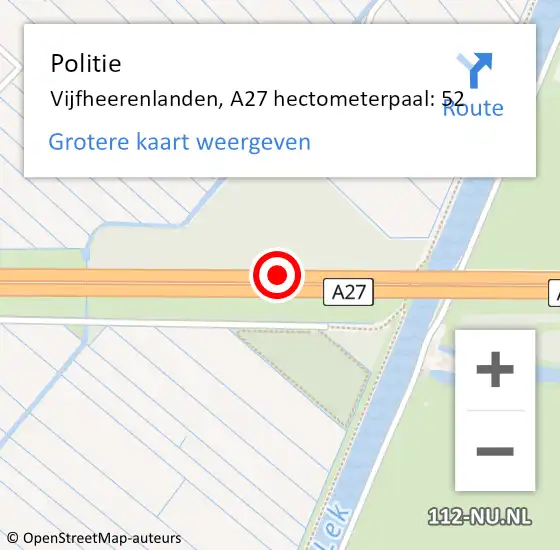 Locatie op kaart van de 112 melding: Politie Vijfheerenlanden, A27 hectometerpaal: 52 op 12 oktober 2023 20:09