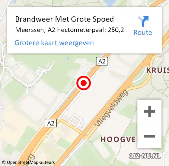 Locatie op kaart van de 112 melding: Brandweer Met Grote Spoed Naar Meerssen, A2 hectometerpaal: 250,2 op 12 oktober 2023 22:38