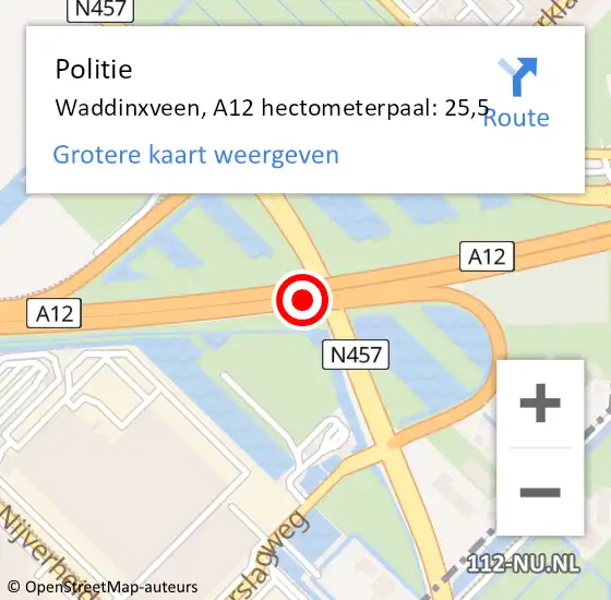 Locatie op kaart van de 112 melding: Politie Waddinxveen, A12 hectometerpaal: 25,5 op 12 oktober 2023 23:01