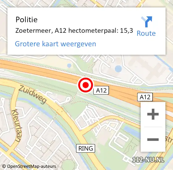 Locatie op kaart van de 112 melding: Politie Zoetermeer, A12 hectometerpaal: 15,3 op 13 oktober 2023 06:26