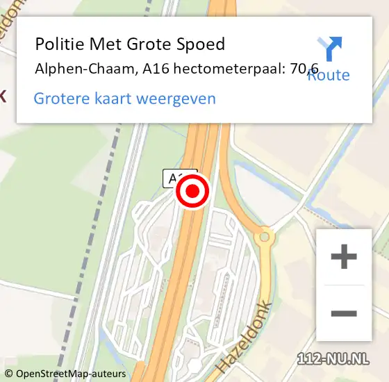 Locatie op kaart van de 112 melding: Politie Met Grote Spoed Naar Alphen-Chaam, A16 hectometerpaal: 70,6 op 13 oktober 2023 06:43