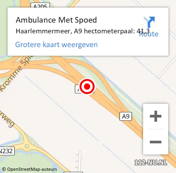 Locatie op kaart van de 112 melding: Ambulance Met Spoed Naar Haarlemmermeer, A9 hectometerpaal: 41,3 op 13 oktober 2023 09:00