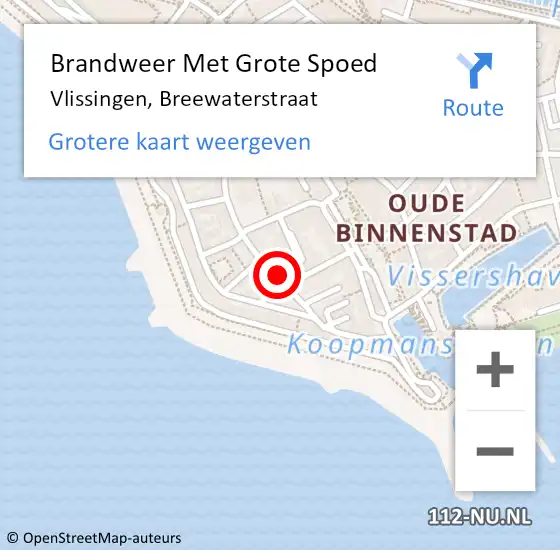 Locatie op kaart van de 112 melding: Brandweer Met Grote Spoed Naar Vlissingen, Breewaterstraat op 13 oktober 2023 09:17