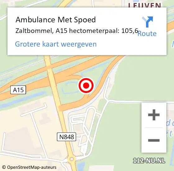 Locatie op kaart van de 112 melding: Ambulance Met Spoed Naar Zaltbommel, A15 hectometerpaal: 105,6 op 13 oktober 2023 10:04