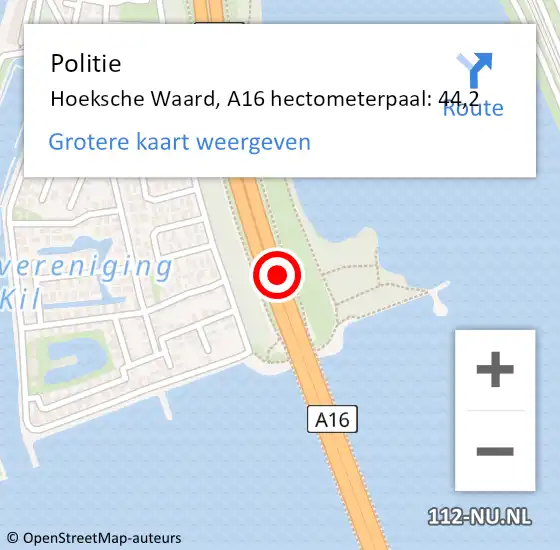 Locatie op kaart van de 112 melding: Politie Hoeksche Waard, A16 hectometerpaal: 44,2 op 13 oktober 2023 13:19