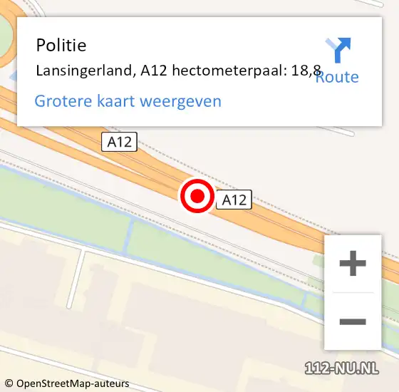 Locatie op kaart van de 112 melding: Politie Lansingerland, A12 hectometerpaal: 18,8 op 13 oktober 2023 13:45