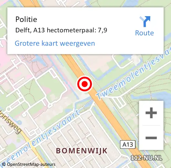 Locatie op kaart van de 112 melding: Politie Delft, A13 hectometerpaal: 7,9 op 13 oktober 2023 13:47