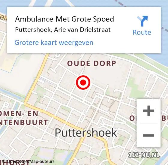 Locatie op kaart van de 112 melding: Ambulance Met Grote Spoed Naar Puttershoek, Arie van Drielstraat op 13 oktober 2023 14:01