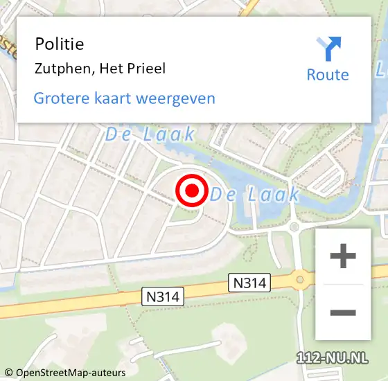 Locatie op kaart van de 112 melding: Politie Zutphen, Het Prieel op 13 oktober 2023 14:16