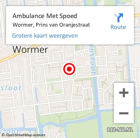 Locatie op kaart van de 112 melding: Ambulance Met Spoed Naar Wormer, Prins van Oranjestraat op 13 oktober 2023 14:39