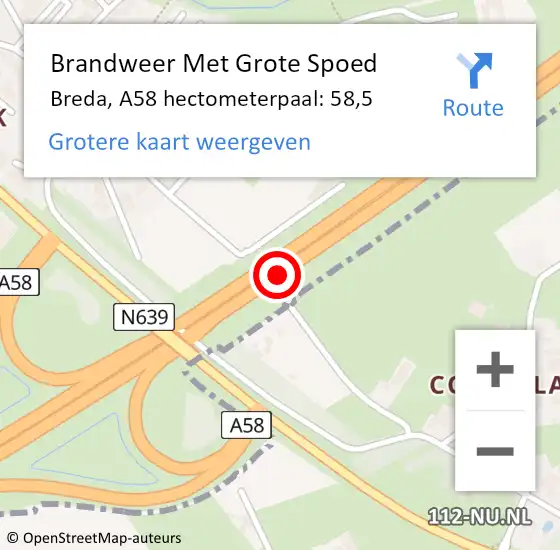 Locatie op kaart van de 112 melding: Brandweer Met Grote Spoed Naar Breda, A58 hectometerpaal: 58,5 op 13 oktober 2023 14:51