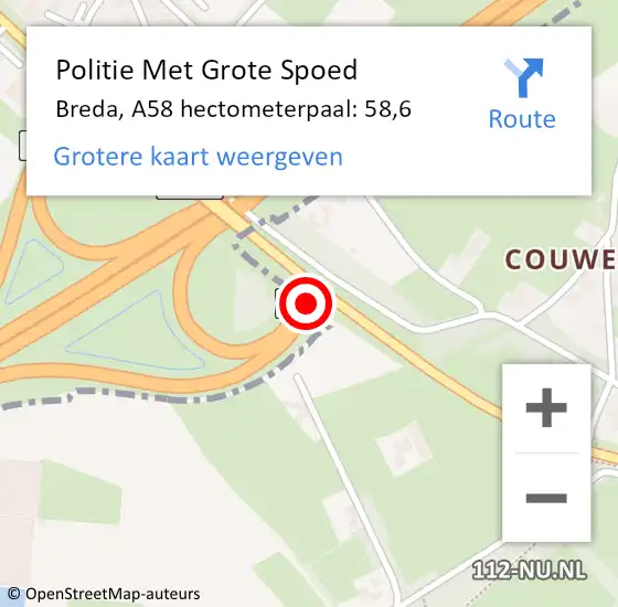 Locatie op kaart van de 112 melding: Politie Met Grote Spoed Naar Breda, A58 hectometerpaal: 58,6 op 13 oktober 2023 14:52