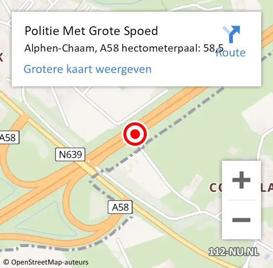 Locatie op kaart van de 112 melding: Politie Met Grote Spoed Naar Breda, A58 hectometerpaal: 58,5 op 13 oktober 2023 14:53