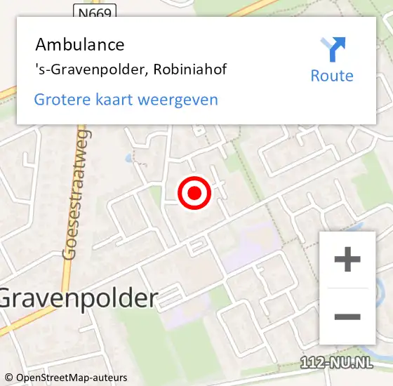 Locatie op kaart van de 112 melding: Ambulance 's-Gravenpolder, Robiniahof op 11 september 2014 13:39