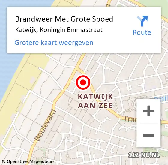 Locatie op kaart van de 112 melding: Brandweer Met Grote Spoed Naar Katwijk, Koningin Emmastraat op 13 oktober 2023 15:21