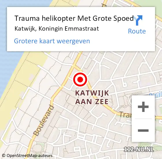 Locatie op kaart van de 112 melding: Trauma helikopter Met Grote Spoed Naar Katwijk, Koningin Emmastraat op 13 oktober 2023 15:25
