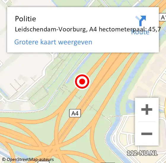 Locatie op kaart van de 112 melding: Politie Leidschendam-Voorburg, A4 hectometerpaal: 45,7 op 13 oktober 2023 15:52